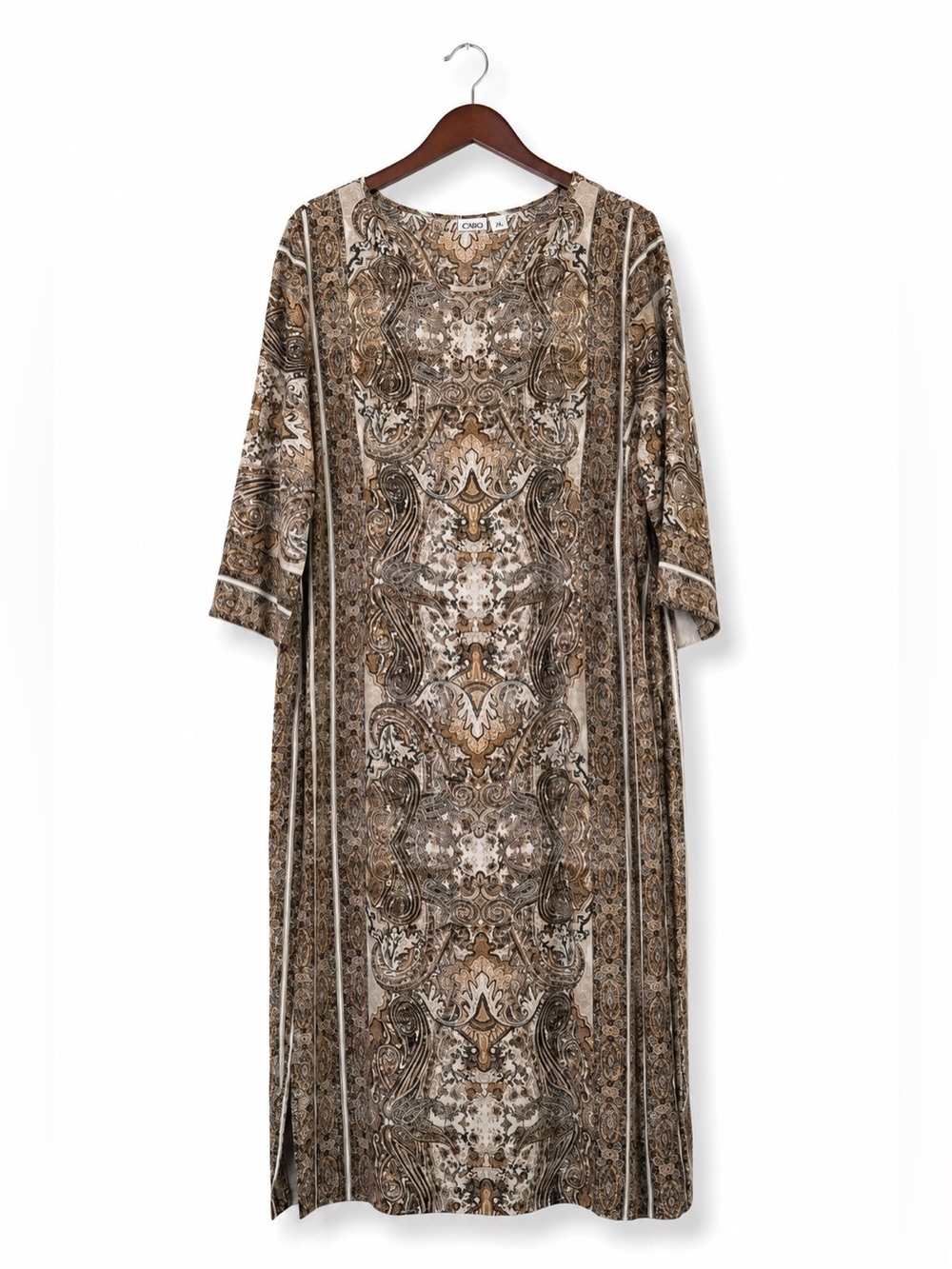 Boho Paisley Midi Dress XL Neutral Brown Beige Shift Dress 3/4 Sleeve